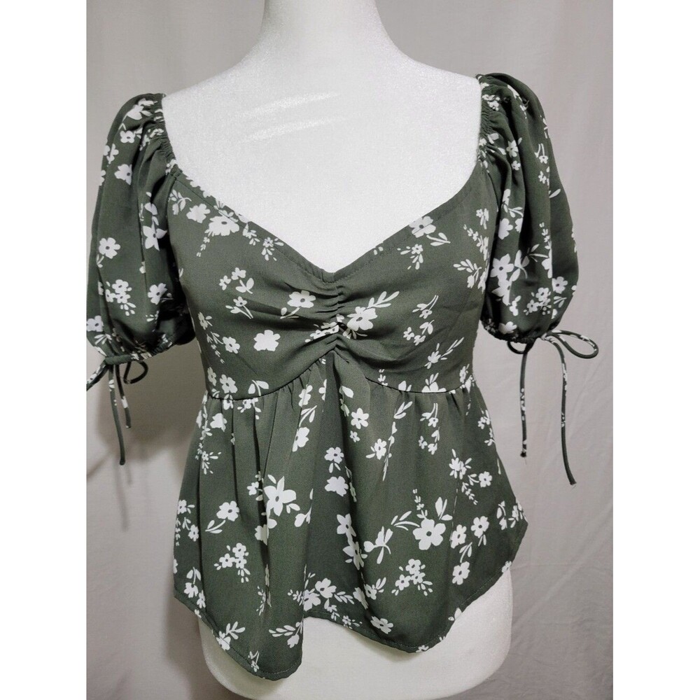 Mi ami Women's M Olive Green Floral Puff-Sleeve Blouse Cottagecore Fairycore